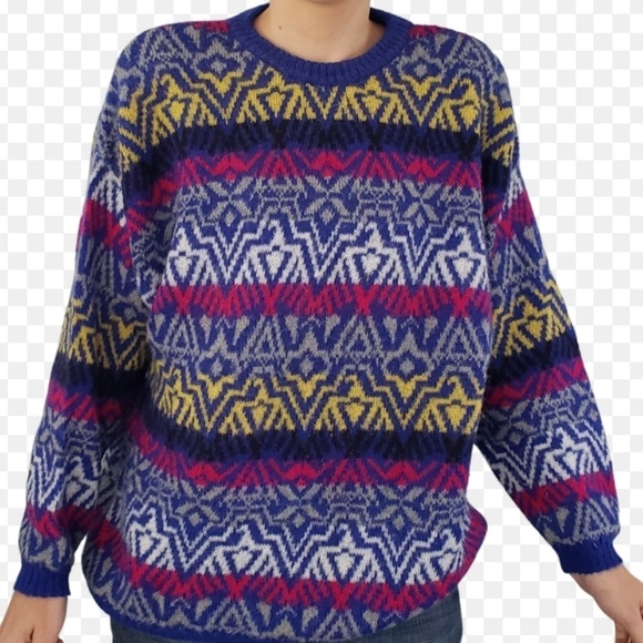 Vintage Knit Sweater Benetton Fair Isle Southwestern Cobalt blue Mohair - Picture 11 of 11